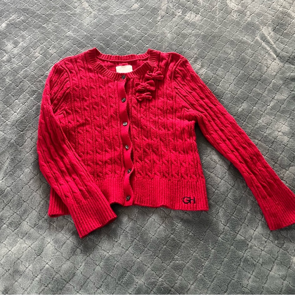 Gilly Hicks Sydney Red Cable Knit Cardigan Bow Accents Logo Sweater Womens Large